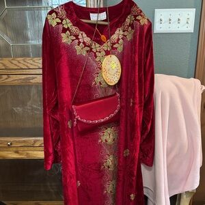 Elegant Red Velvet Dress with Gold Floral Accents
